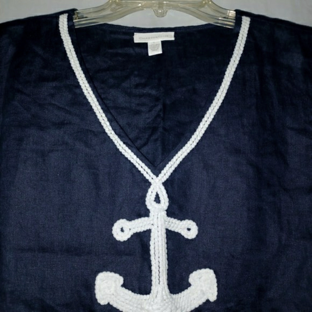 CHARTER CLUB COASTAL NAUTICAL ANCHOR TUNIC BLOUSE 100% LINEN BLUE WHITE LARGE - Picture 6 of 8